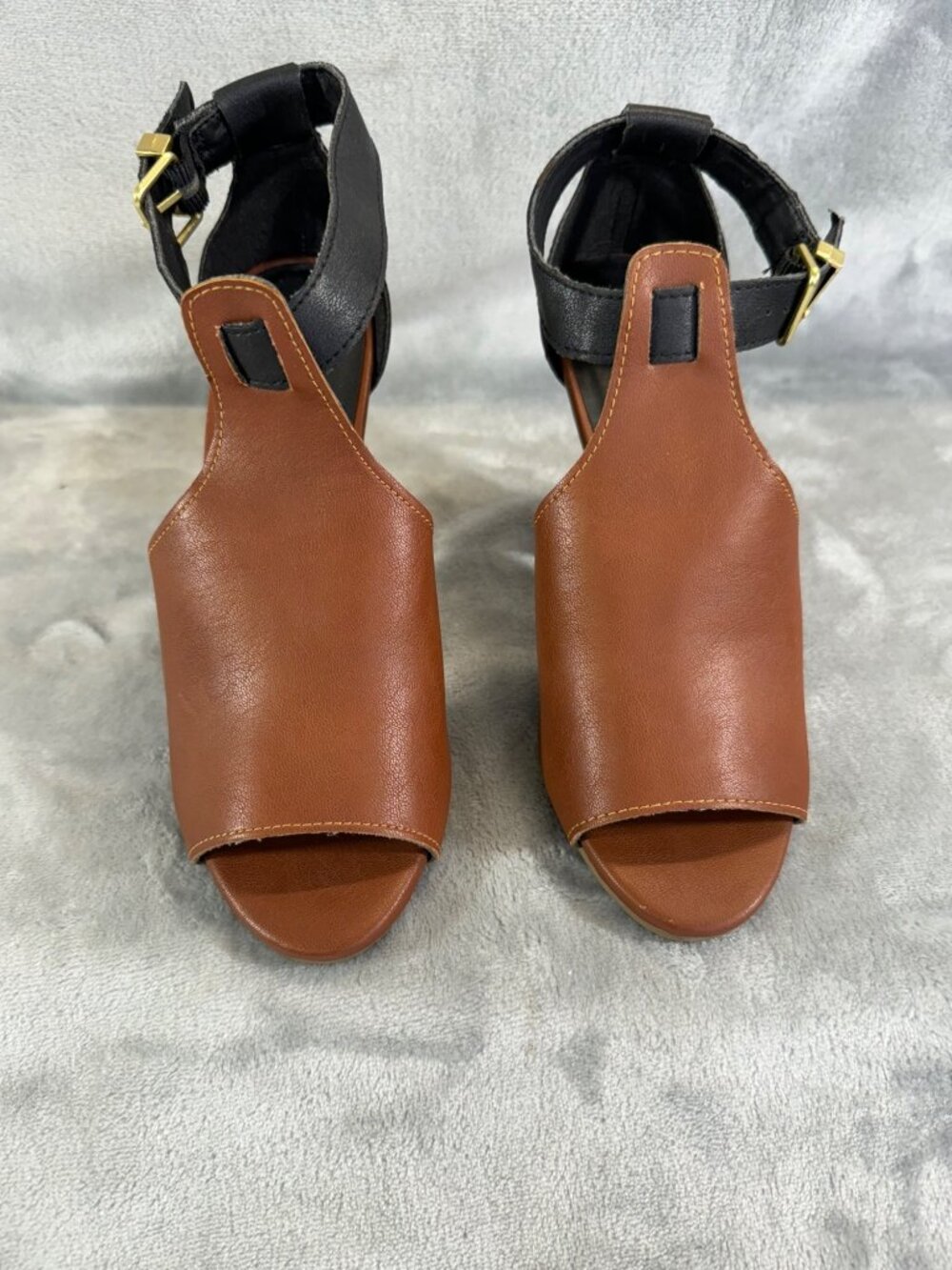 Candies Shoes Women's 6 Brown and black Peep Toe 4" Chunky Heels w/ ankle strap